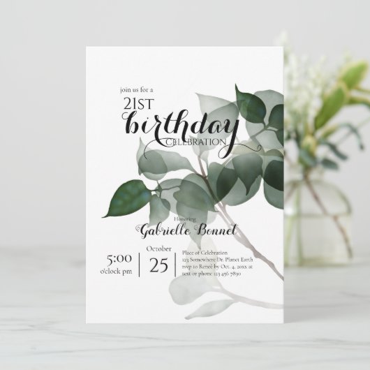 Invitation Feuilles d'Eucalyptus, fête d'anniversaire botaniq (Debout devant)