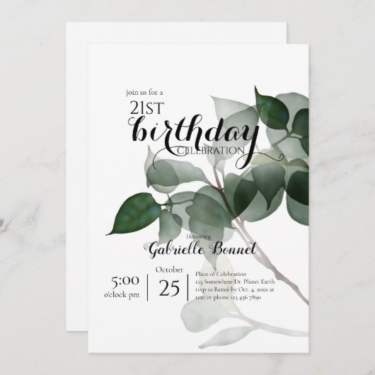 Invitation Feuilles d'Eucalyptus, fête d'anniversaire botaniq (Devant / Derrière)