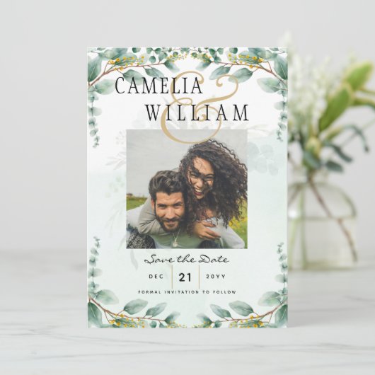 Invitation Feuilles d'Eucalyptus MARIAGE D'OR CODE QR BUDGET (Debout devant)