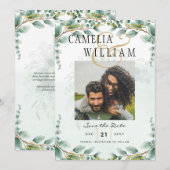 Invitation Feuilles d'Eucalyptus MARIAGE OR QR CODE BUDGET (Devant / Derrière)