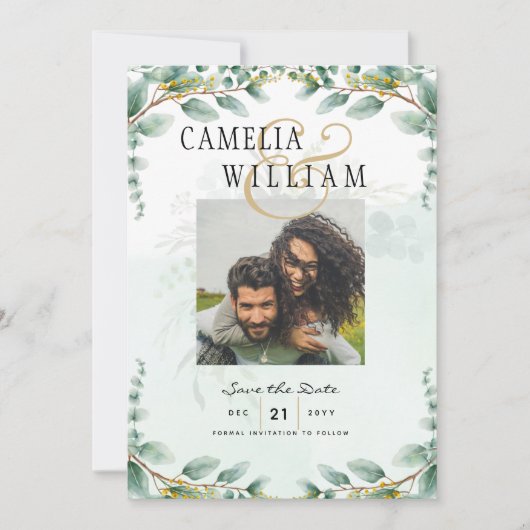 Invitation Feuilles d'Eucalyptus MARIAGE OR QR CODE BUDGET (Devant)