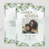 Invitation Feuilles d'Eucalyptus MARIAGE OR QR CODE BUDGET (Devant / Derrière)