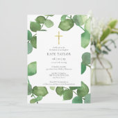 Invitation Feuilles d'eucalyptus Verdure Baptême (Debout devant)