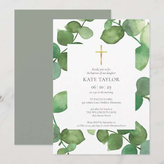 Invitation Feuilles d'eucalyptus Verdure Baptême (Devant / Derrière)