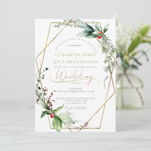 Invitation Feuilles d'hiver élégant Berry Gold Monogram Maria (Debout devant)