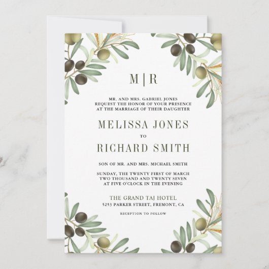 Invitation Feuilles d'olive en un code QR Mariage officiel (Devant)