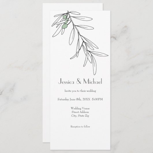 Invitation Feuilles d'olive vert dessinés à la main (Devant / Derrière)