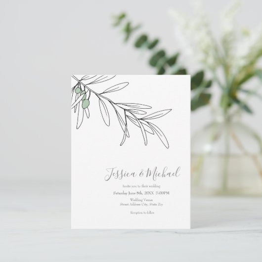 Invitation Feuilles d'olive vert dessinés à la main (Debout devant)