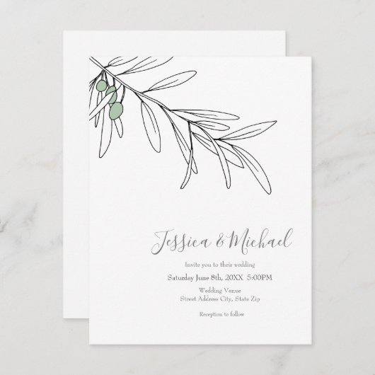 Invitation Feuilles d'olive vert dessinés à la main (Devant / Derrière)
