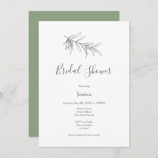 Invitation Feuilles d'olive vert dessinés à la main (Devant / Derrière)