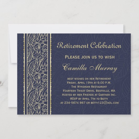 Invitation Feuilles d'or à la retraite bleue de minuit (Devant)