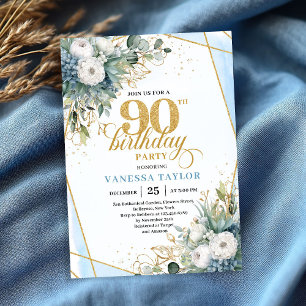 Invitation Feuilles d'or bleu pâle chic doux 90e anniversaire