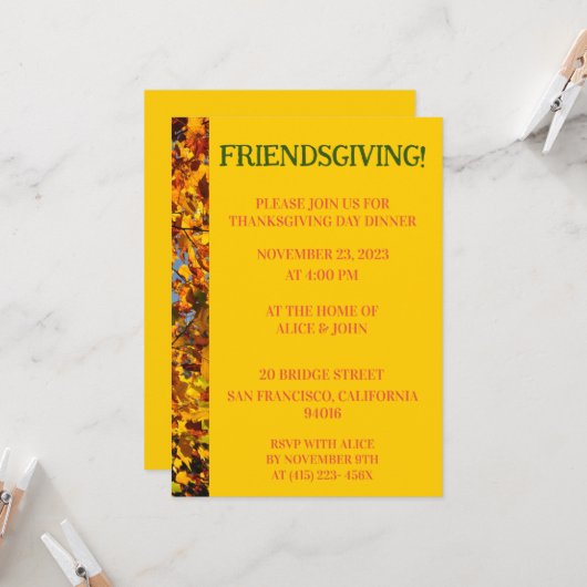Invitation Feuilles d'or brillant Thanksgiving Friends (Devant/Arrière en situation)