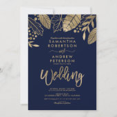 Invitation feuilles d'or chute typographie mariage bleu marin (Devant)