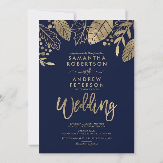 Invitation feuilles d'or chute typographie mariage bleu marin (Devant)