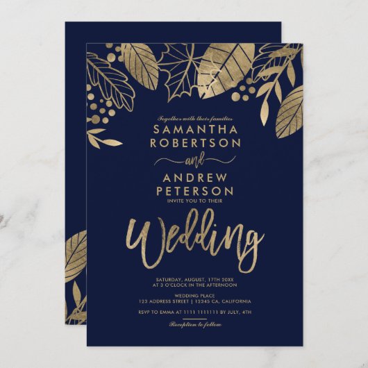 Invitation feuilles d'or chute typographie mariage bleu marin (Devant / Derrière)