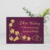 Invitation Feuilles d'or, cœurs 24e anniversaire de mariage (Debout devant)