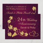 Invitation Feuilles d'or, cœurs 24e anniversaire de mariage (Devant / Derrière)