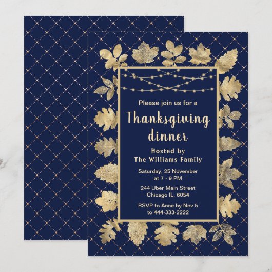 Invitation Feuilles d'or d'automne Thanksgiving Dinner Navy (Devant / Derrière)