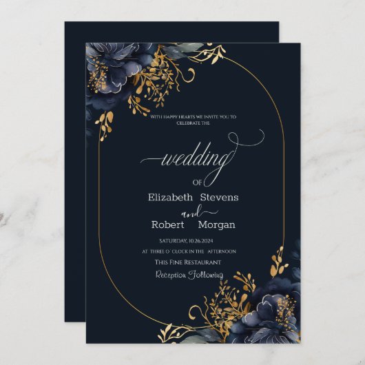 Invitation Feuilles d'or de la marine Mariage de cadre (Devant / Derrière)