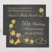 Invitation Feuilles d'or et cœurs unis 50e Anniversaire (Devant / Derrière)