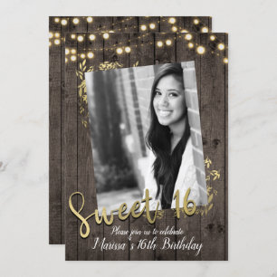 Invitation Feuilles d'or et éclairs Rustic Dark Wood Sweet 16