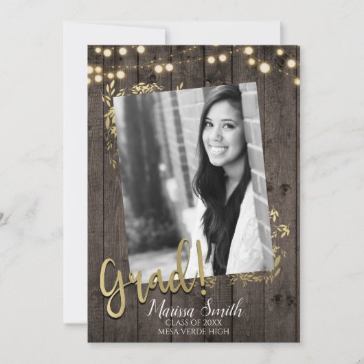 Invitation Feuilles d'or et lumières Rustique en bois foncé G (Devant)