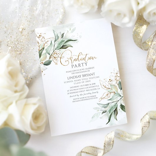 Invitation Feuilles d'or Eucalyptus vert doux Graduation