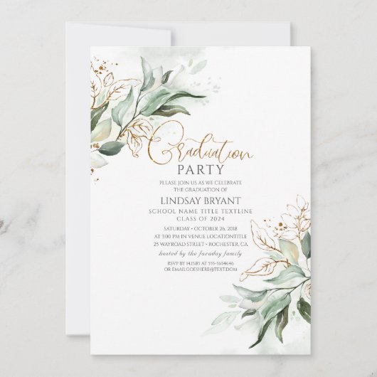 Invitation Feuilles d'or Eucalyptus vert doux Graduation (Devant)