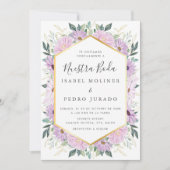 Invitation Feuilles d'or floral violet Nuestra Boda Mariage (Devant)