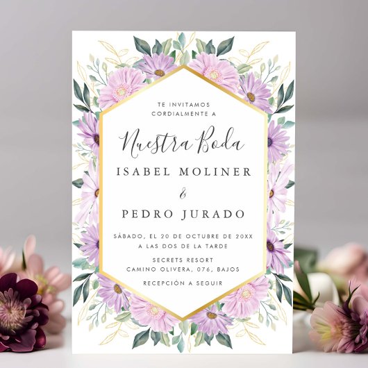 Invitation Feuilles d'or floral violet Nuestra Boda Mariage