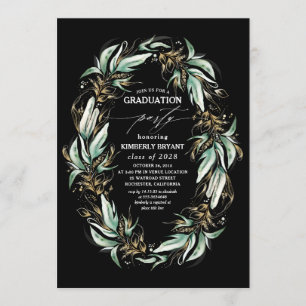 Invitation Feuilles d'or Grandes verdure Wreath Black Graduat