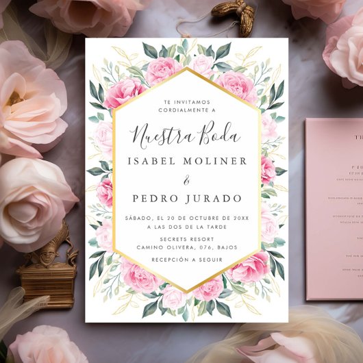 Invitation Feuilles d'or rose Floral Nuestra Boda Mariage