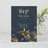 Invitation Feuilles d'or RSVP Marine Blue Flowers (Debout devant)