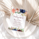 Invitation Feuilles d'or rustique et Mariage floral Brunch<br><div class="desc">Ce brunch rustique feuille d'or et de fleurs mariage est parfait pour une journée simple après le brunch entre la famille mariage et les amis. Le design se compose de l'aquarelle dessinée à la main violet,  marine,  rousse,  bordeaux,  fleurs marines,  feuilles verts et or.</div>