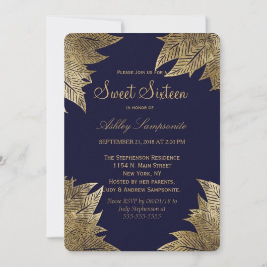 Invitation Feuilles d'or sur la Marine Blue Sweet 16 Invitati (Devant)