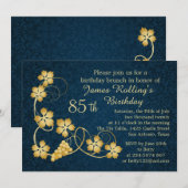 Invitation Feuilles d'or sur la vigne, damas bleu 85e anniver (Devant / Derrière)