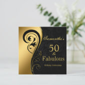 Invitation Feuilles d'or, tourbillons, damas noir, 50e annive (Debout devant)