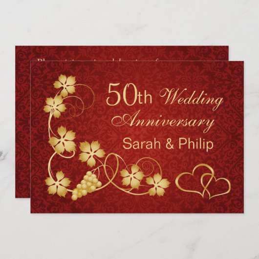 Invitation Feuilles d'or, vigne, cœurs 50e anniversaire de ma (Devant / Derrière)