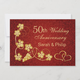 Invitation Feuilles d'or, vigne, cœurs 50e anniversaire de ma