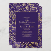 Invitation Feuilles d'or violet élégant 16e anniversaire (Devant / Derrière)