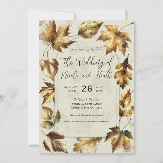 Invitation Feuilles dorées Abricot beige Crème Glam Mariage d (Devant)