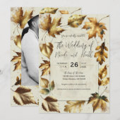 Invitation Feuilles dorées Abricot beige Crème Glam Mariage d (Devant / Derrière)