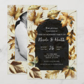 Invitation Feuilles dorées Abricot beige et noir Engagement a (Devant / Derrière)