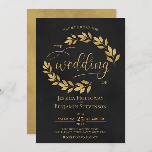Invitation Feuilles dorés rustiques Élégant Mariage noir (Devant / Derrière)