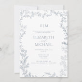 Invitation Feuilles Dusty Blue Monogram Mariage Brunch (Devant)