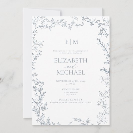 Invitation Feuilles Dusty Blue Monogram Mariage Brunch (Devant)
