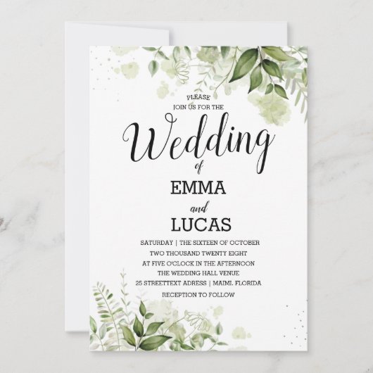 Invitation Feuilles élégants avec Mariage d'aquarelle (Devant)