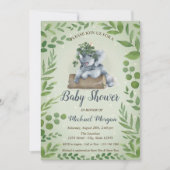 Invitation Feuilles Eléphants mignons, Baby shower de points (Devant)