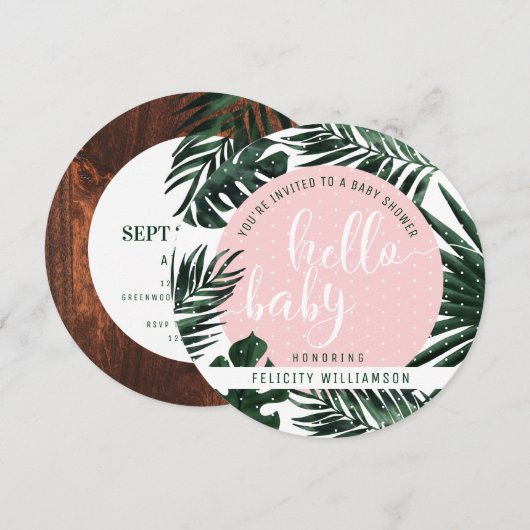 Invitation Feuilles et Baby shower de fille en bois tropicale (Devant / Derrière)